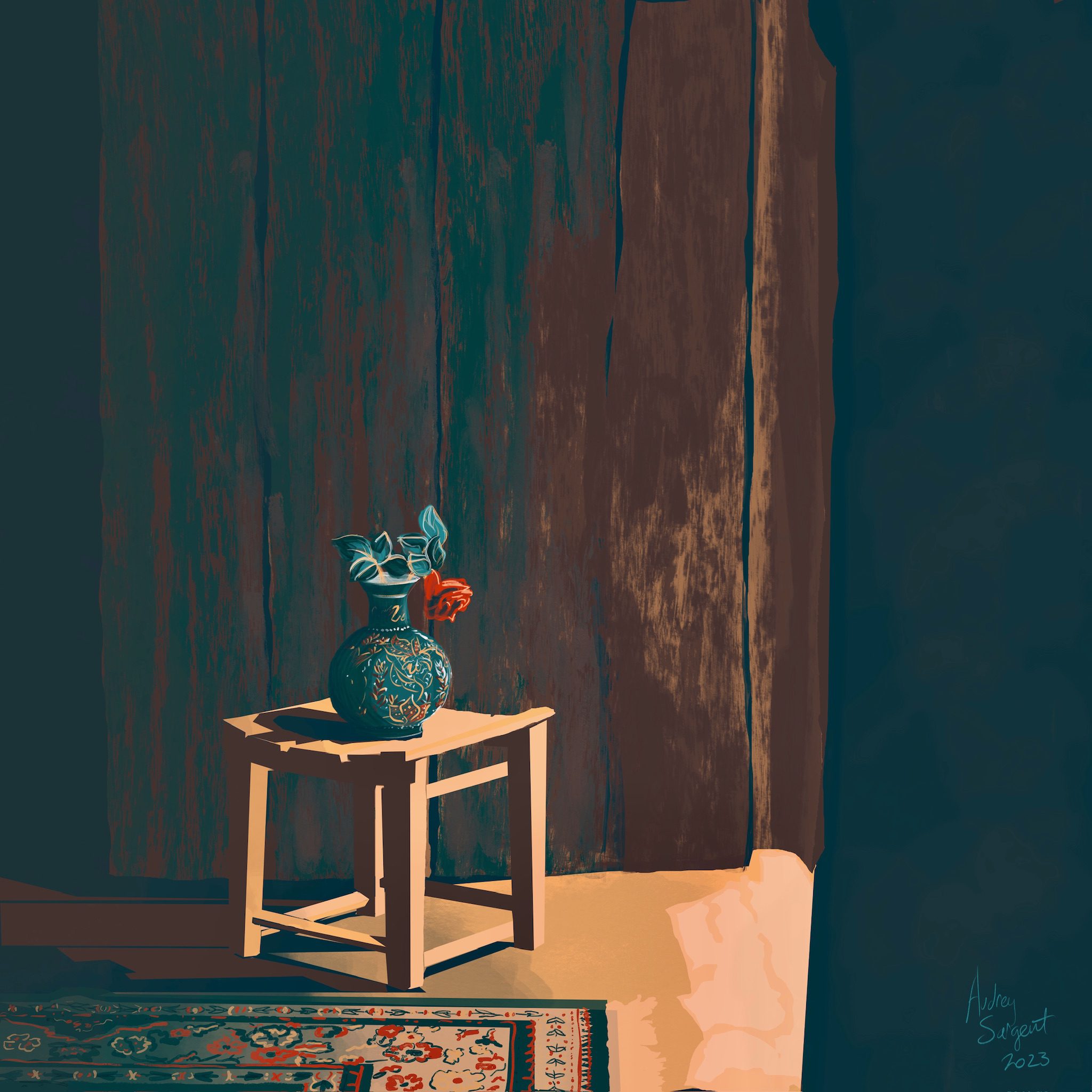 A red rose in a forest green vase with gold decorations sits on a wooden stool. The stool is propping open a very rustic door that is open to the outside, letting in daylight to light the dark room which has an ornate rug on the floor. The entire painting is done in five colors.