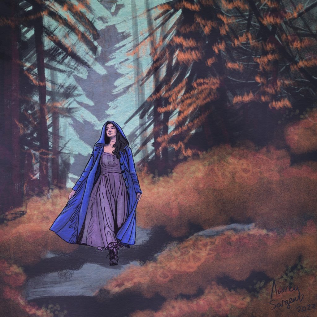 A pale, dark haired woman in a blue cloak and a dusty purple dress steps down a steep, brush covered hillside. A tall pine forest towers around and behind her. Everything is draped in the quiet of the pines and the colors of autumn.