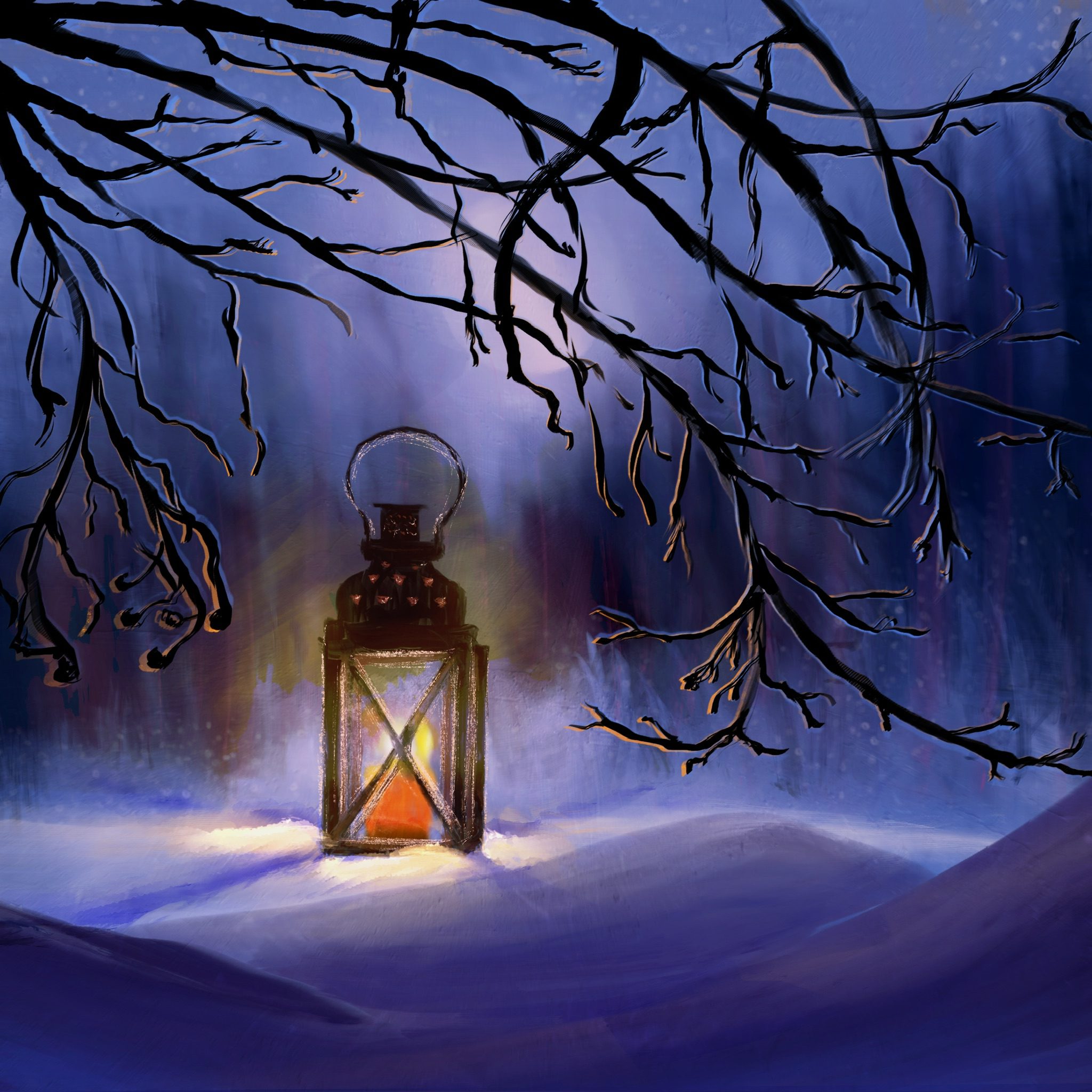 A lantern glows with a lot red candle where it sits on the snow, surrounded by small drifts and the branches of a low tree. Beyond it you can see the forest and the moon.