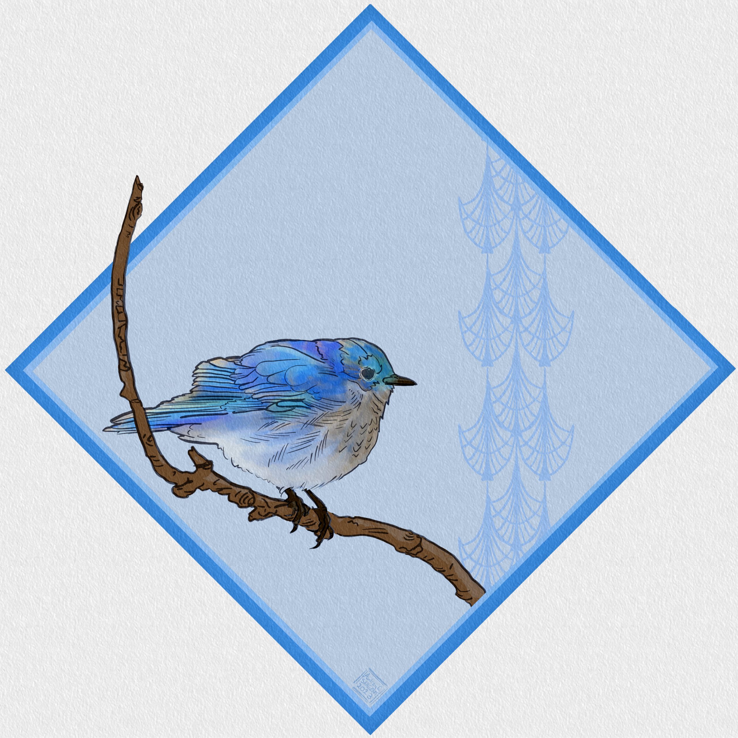 A tiny western bluebird sits on a twig. He is many shades of light blue and has a blush color on his breast. He is surrounded by a sky blue diamond with a stripe of art deco feathers in the background.