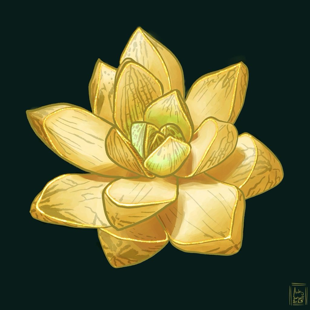 A digital painting of a chunky, almost pyramidal leaved lemon yellow succulent with a rose tint to the outer leaves and a green flush remaining in the middle. The leaves have a translucent quality to them, and there are darker veins where the center of the plant shows.